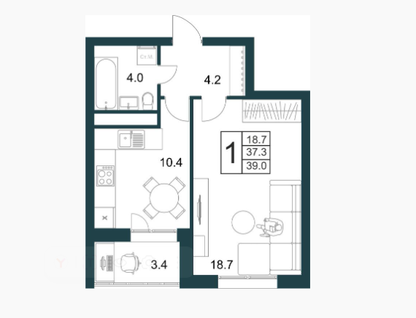 1-к. квартира, 39&nbsp;м²