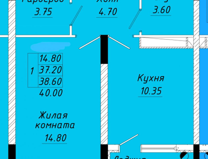 1-комнатная квартира, 40&nbsp;м²