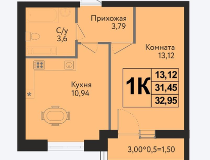 1-к. квартира, 33&nbsp;м²
