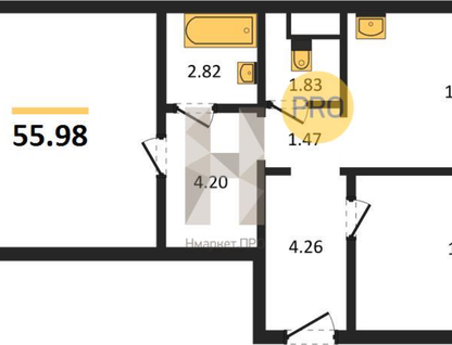 3-к. квартира, 56&nbsp;м²