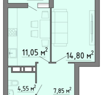 1-к. квартира, 41,5 м²