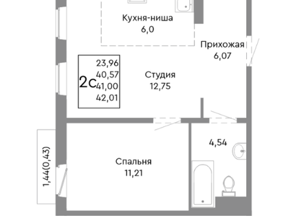 1-к. квартира, 41&nbsp;м²