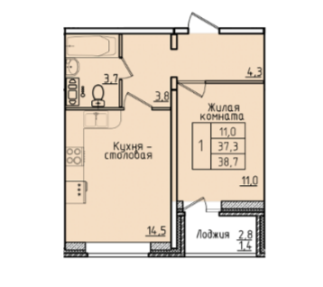 1-к. квартира, 37,2&nbsp;м²